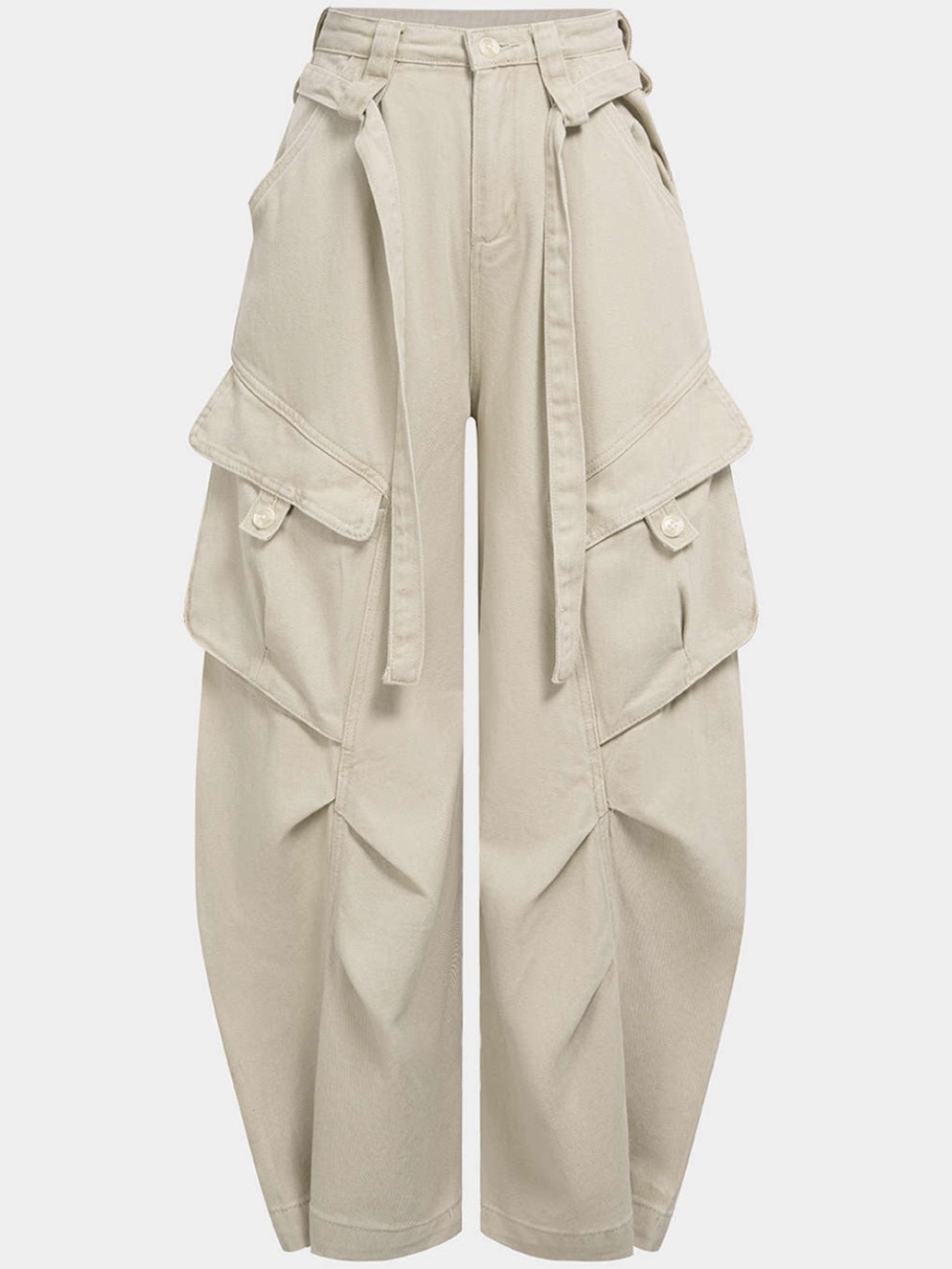 Neutral Beige Cargo Wide-Leg Shorts with Self-Tie Belt